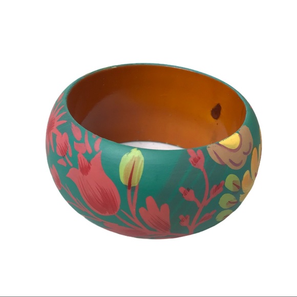 Floral Boho Hand painted Wooden Bangle Bracelet - Picture 7 of 11